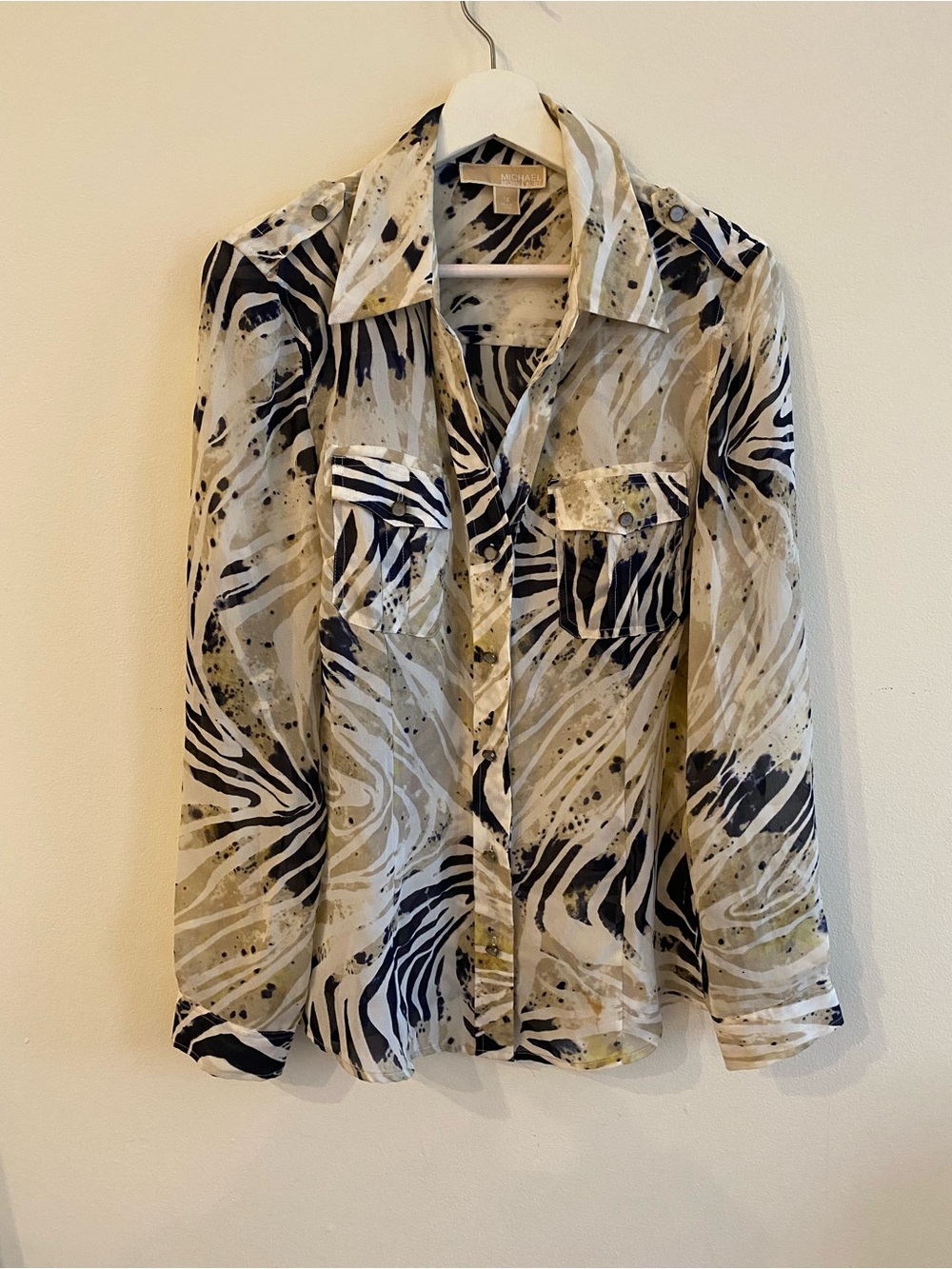 Michael Kors Black & Cream Zebra-Print Button-Down Shirt size 14 ( runs small)